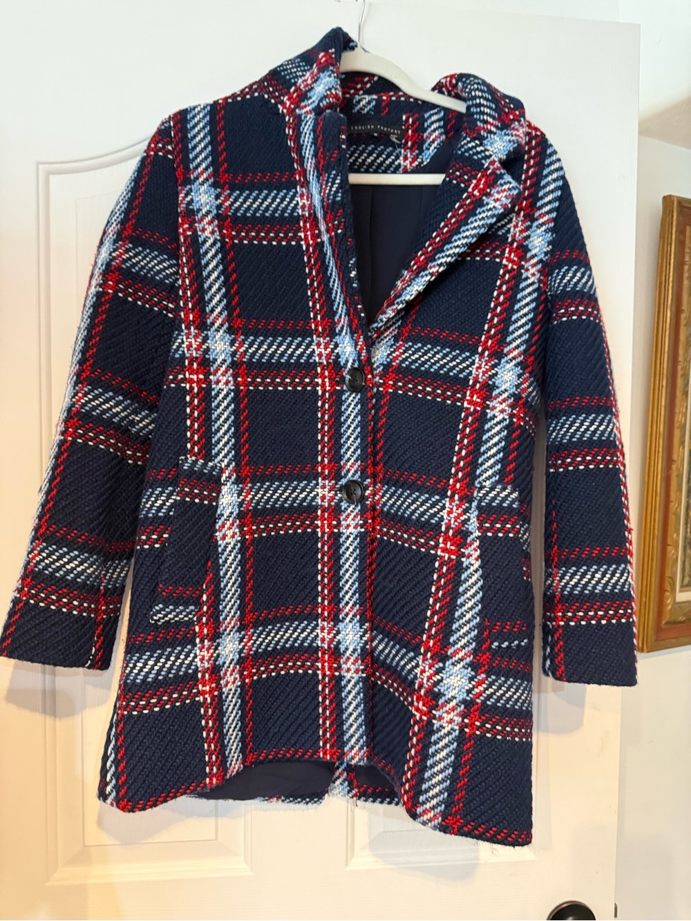 English Factory Navy, Red & White Plaid Hooded Tweed Pea Coat